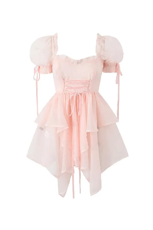 Asymmetric Bow Tie Puff Sleeve Lace Up Organza Summer Ruffle Tiered Mini Dress Comfortable Fit-and-Flare Mini Dress