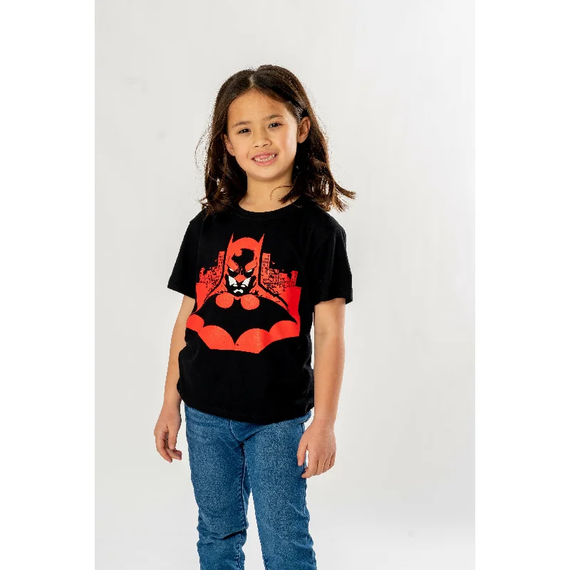 Batman Kids Black Gotham Skyline T-Shirt DC Print Jacquard Patchwork