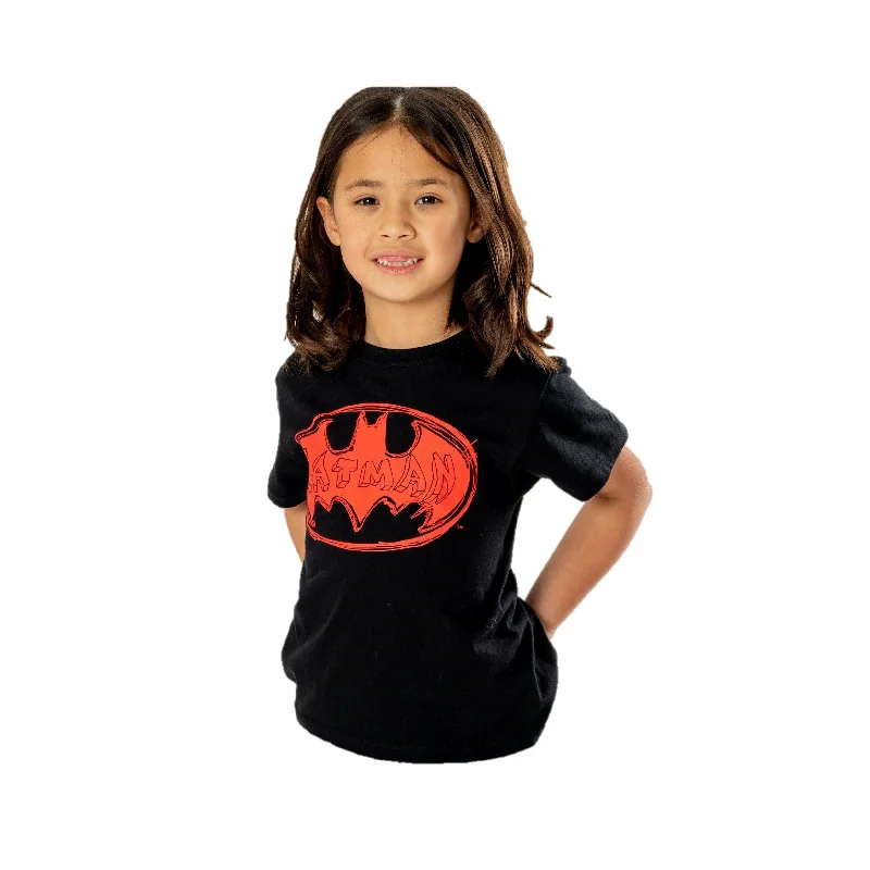 Batman Kids Black Red Batsign T-Shirt DC Real Fur Shearling Chenille