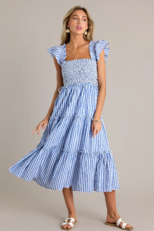 Bayside Stroll 100% Cotton Blue Stripe Smocked Midi Dress Stylish Tiered Midi Dress