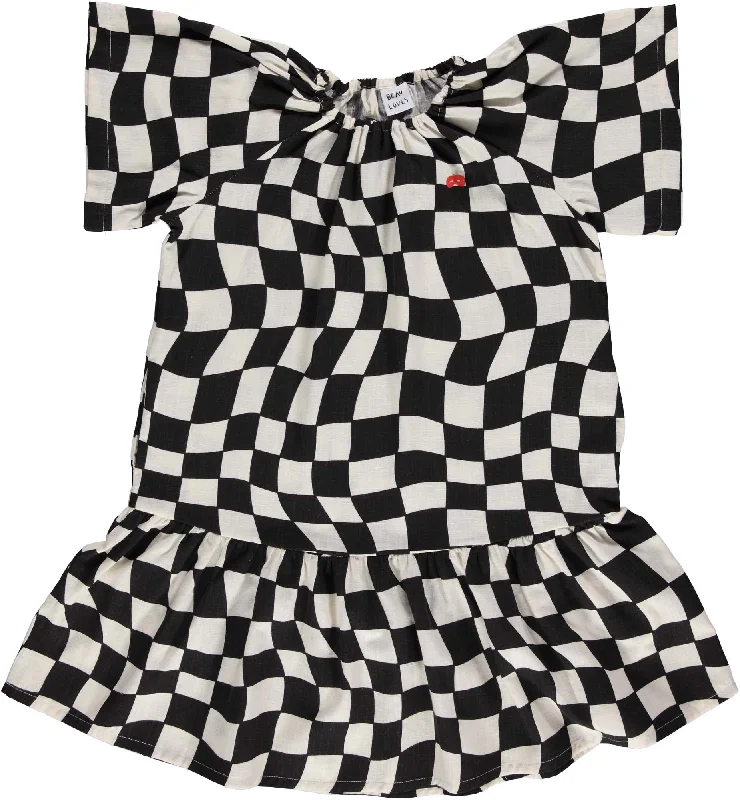 BEAU LOVES BLACK CHECK MIDI DRESS Elegant Pleated Detail Midi Dress