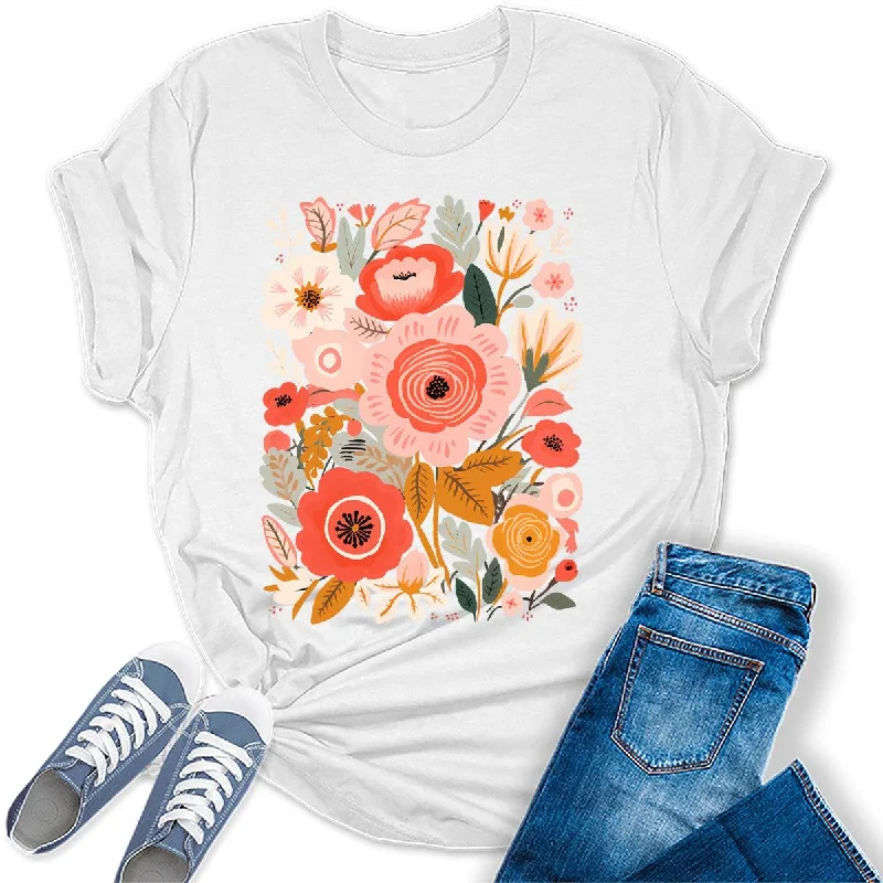 Beautiful Painted Flower  Graphic Tees For Women Front Pockets Side Pockets Patch Pockets