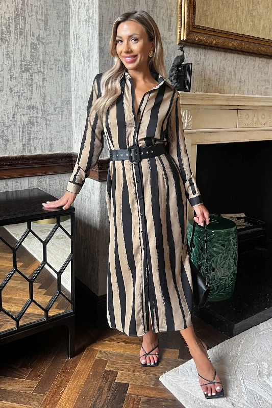 Beige Striped Print Button Front Belted Shirt Midi Dress Comfortable Deep V Midi Dress