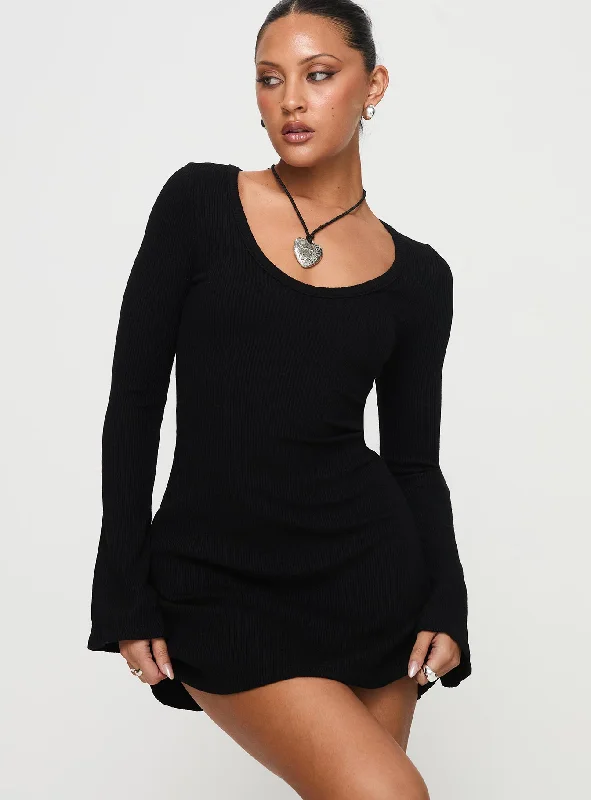 Best Interest Long Sleeve Mini Dress Black Petite Casual High-Waist Mini Dress