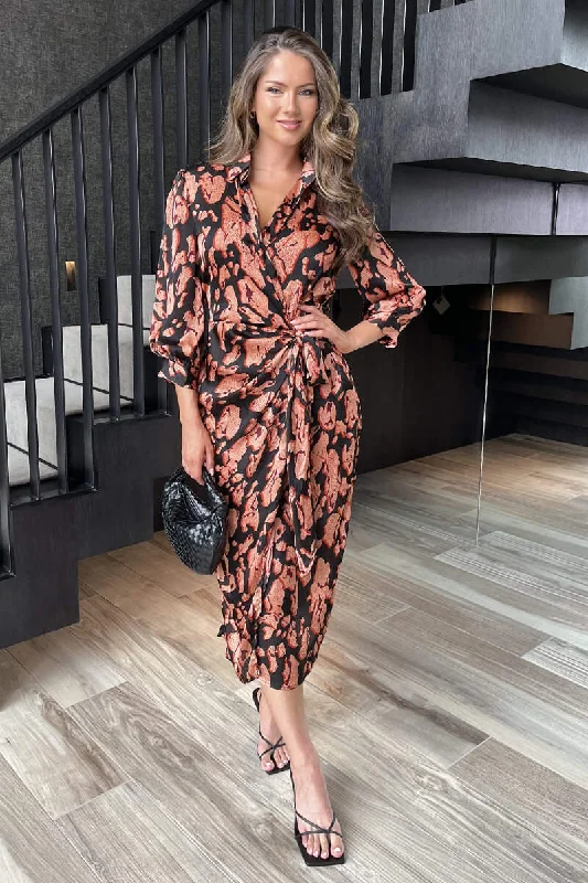 Black Abstract Print 3/4 Sleeved Tie Waist Midi Dress Stylish Pleated Skirt Midi Dress