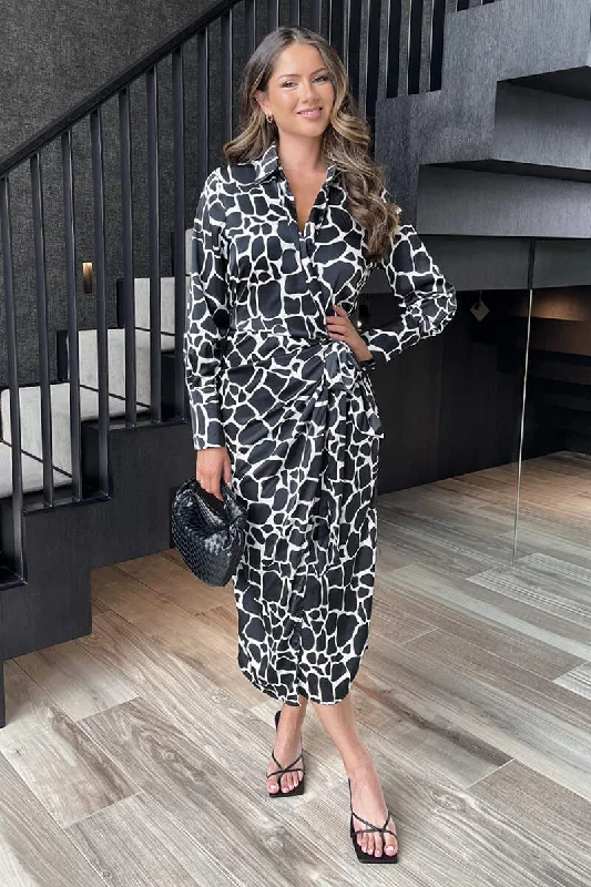 Black And White Giraffe Print Side Tie Waist Wrap Midi Dress Trendy Mock Neck Midi Dress