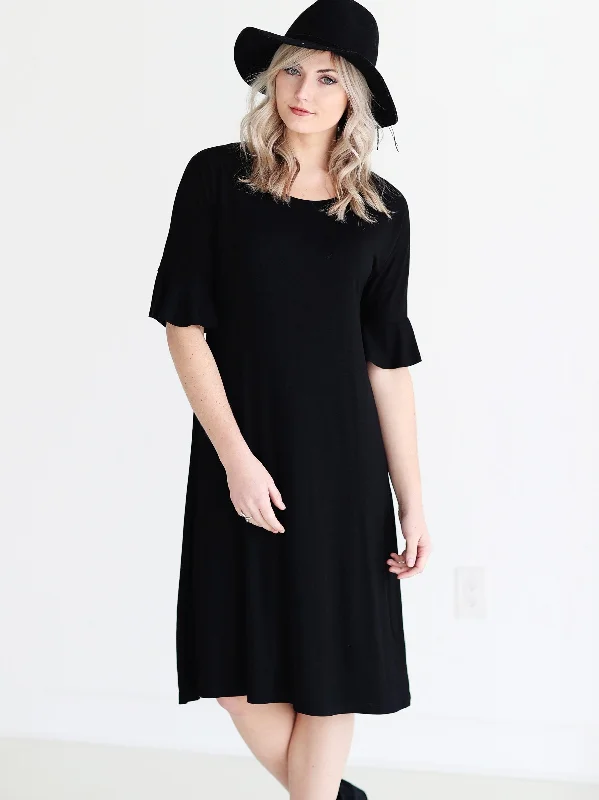 Black DLMN Cropped Bell Sleeve Midi Dress Stylish Vintage Midi Dress