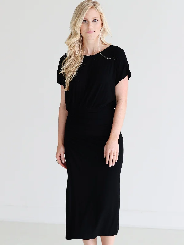 Black DLMN Ruched Side Midi Dress Trendy Boho Midi Dress