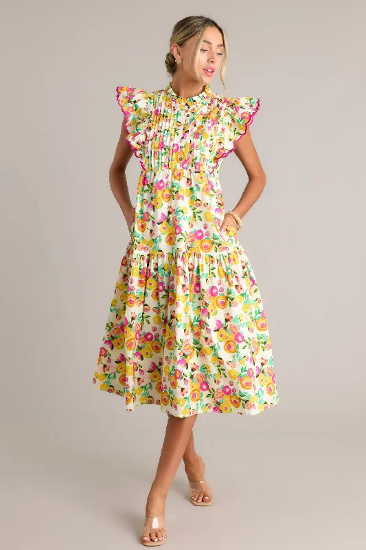 Blossoming Love 100% Cotton Yellow Floral Midi Dress Cozy A-Line Midi Dress