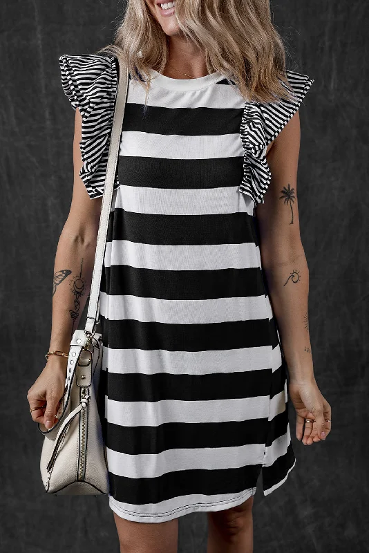 Blue Zone Planet |  Black Stripe Contrast Ruffled Sleeve T-shirt Dress Casual Formal Business