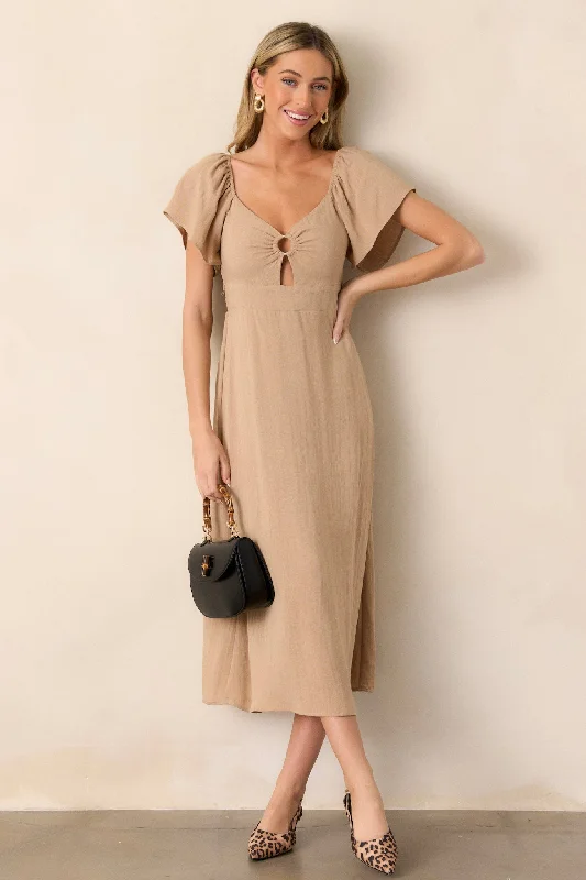 Boho Beauty Tan Puff Sleeve Midi Dress Trendy Square Neck Midi Dress