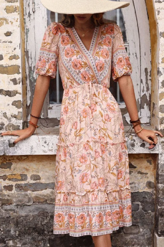 Boho Chic V Neck Ruffle Tiered Floral Printed Midi Dress - Pink Fashionable High-Neck Midi Dress