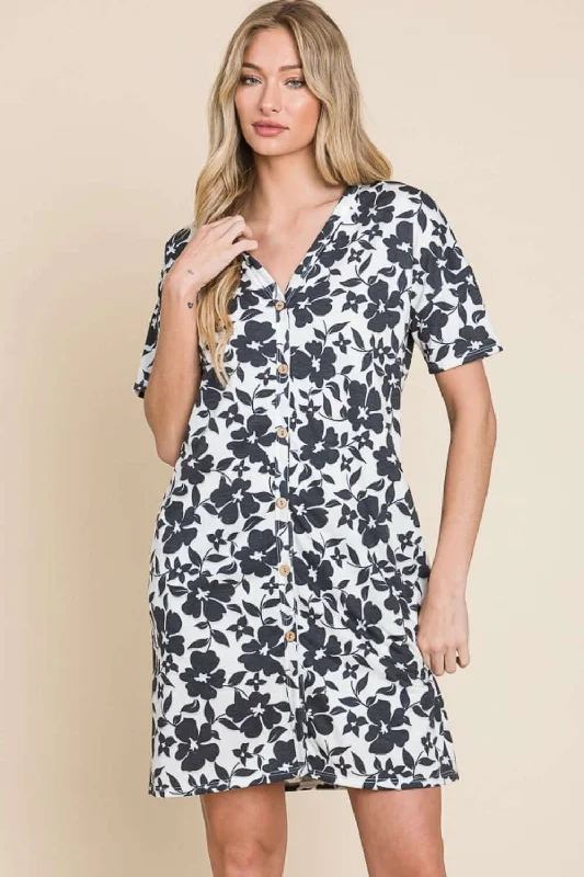 Floral Button Down Mini Dress Stylish Short-Sleeve Mini Dress