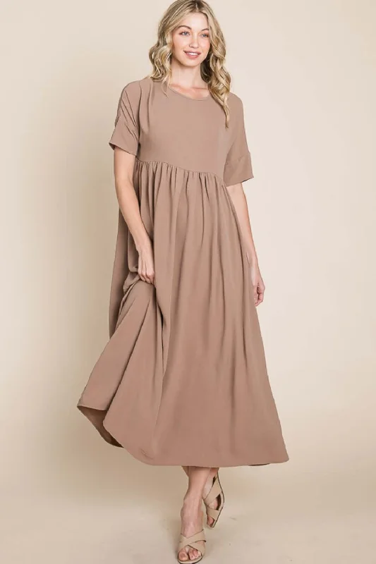 Round Neck Ruched Midi Dress Comfortable Stretch Midi Dress