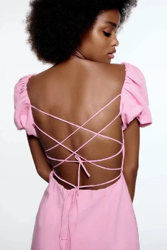 Breezy Ruched Square Neck Puff Sleeve Lace Up Back Party Mini Dress - Pink Fashionable Party Mini Dress