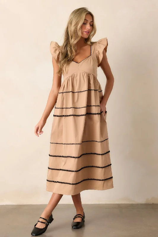 Can't Live Without Tan Stripe Tiered Midi Dress Trendy Ruffled Sleeve Midi Dress