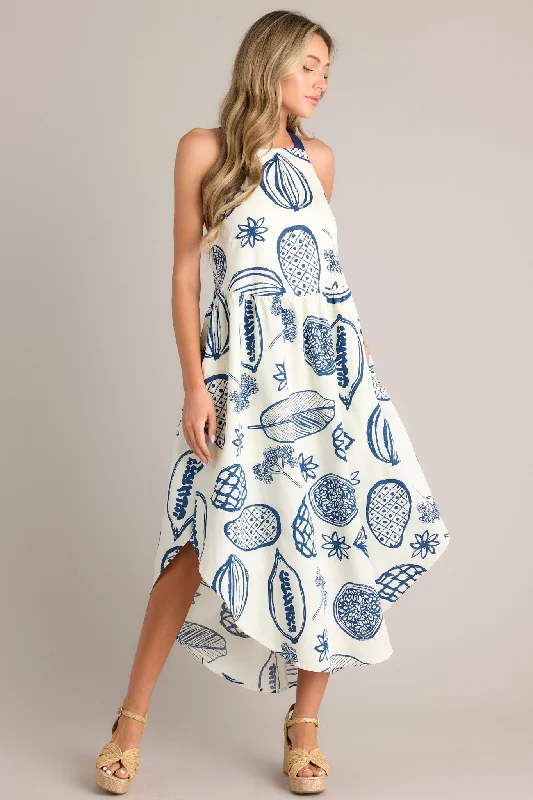 Caribbean Bliss Navy Tropical Print Midi Dress Trendy Floral Wrap Midi Dress