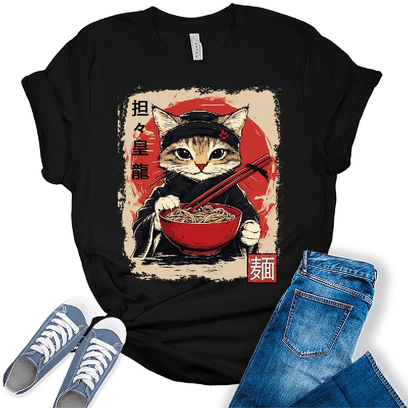 Cat Ramen Noodle Japanese Anime Manga Ramen Kawaii Cat T-Shirt Front Pockets Side Pockets Patch Pockets