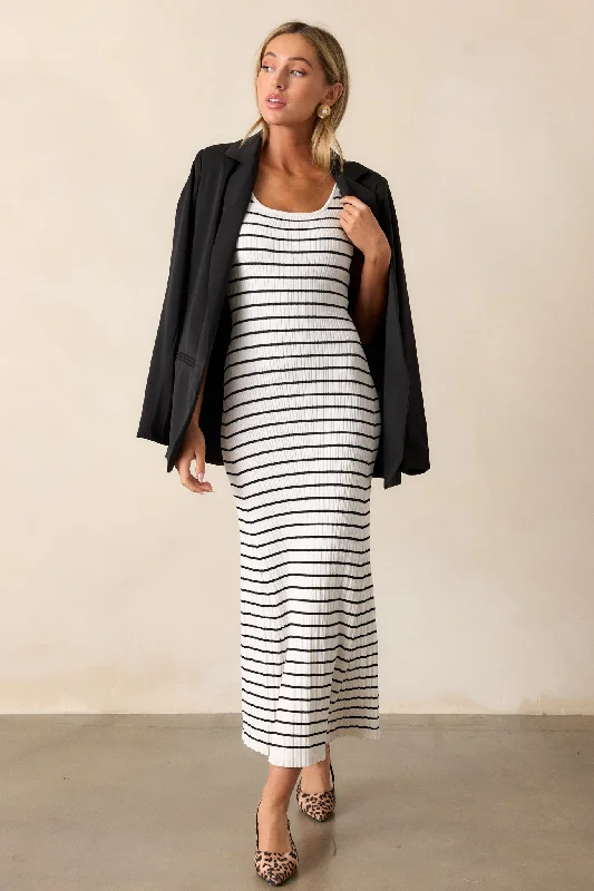 Classic Rhythm White Stripe Ribbed Midi Dress Comfortable Knitwear Midi Dress