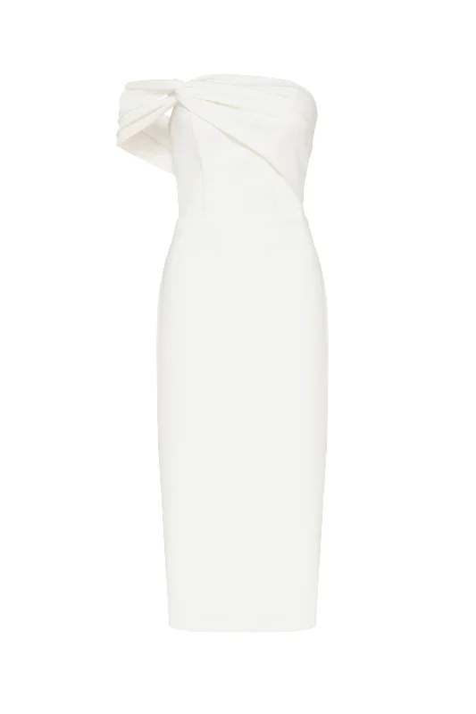 White Classy midi dress with open neckline Trendy Ruched Side Midi Dress