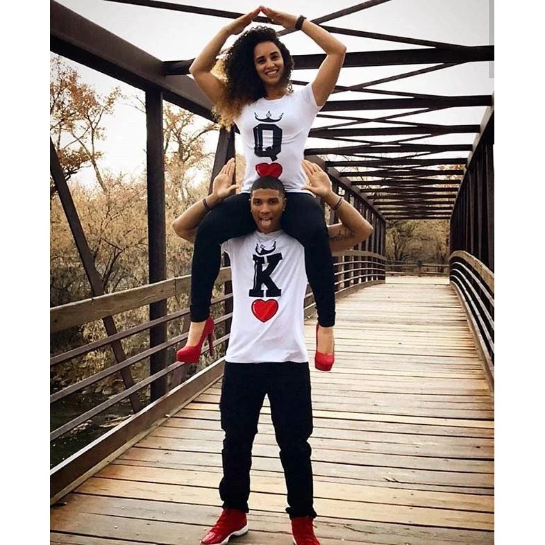 Couple Matching Queen King Hearts T-shirts Ribbed T-Shirt High Neck Heavyweight