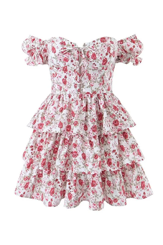 Cute Rose Printed Lace Up Front Puff Sleeve Layered Ruffle Party Mini Dress Classic Casual Mini Dress