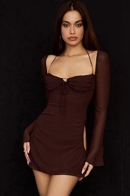 Darling Halter Neck Long Sleeve Cutout Club Mini Dress - Chocolate Elegant Satin Lace Mini Dress