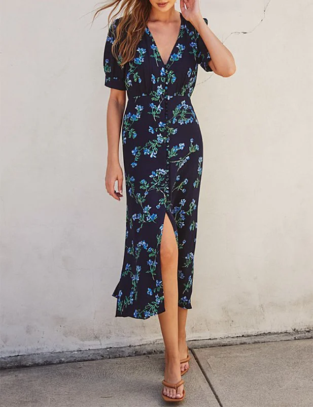 Della Black Floral Midi Dress Comfortable Deep V Midi Dress