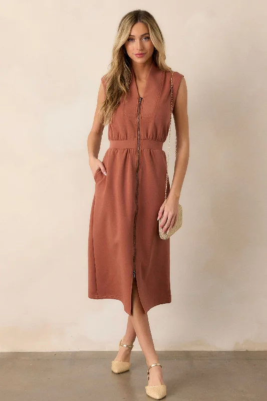 Distant Sun Terracotta Sleeveless Midi Dress Cozy Tie-Dye Midi Dress