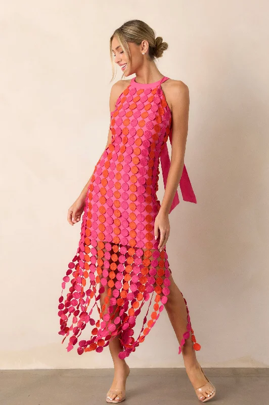 Dream Avenue Hot Pink Fringe Halter Top Midi Dress Fashionable Casual Midi Dress