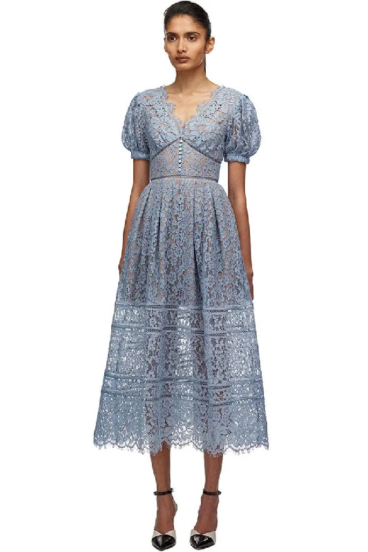 Eyelash V Neck Puff Sleeve French Lace A-Line Midi Dress - Sky Blue Stylish Off-Shoulder Ruffle Dress