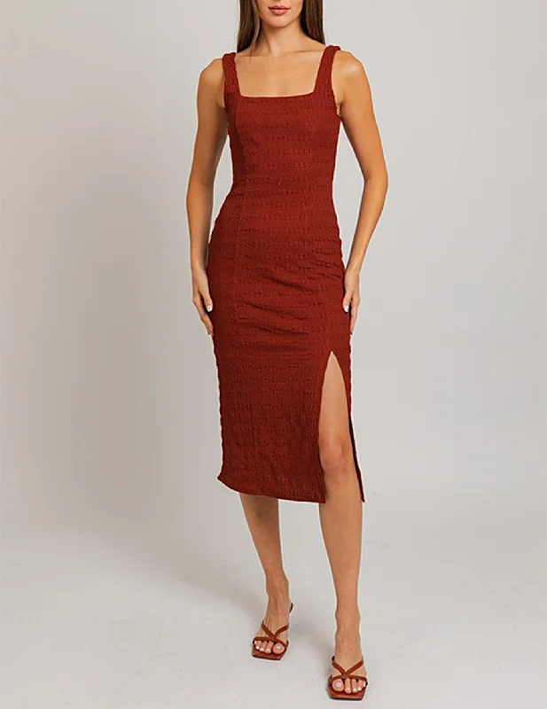 Farrah Red Clay Textured Midi Dress Fashionable A-Line Midi Dress