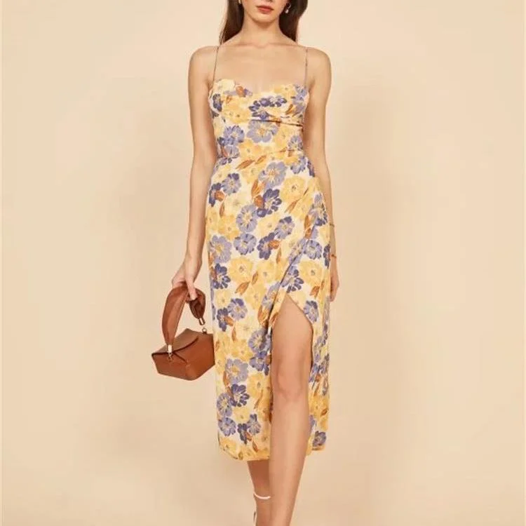 Fauve Floral Satin Cowl Neck Midi Dress - Yellow Cozy Midi Dress with Pockets