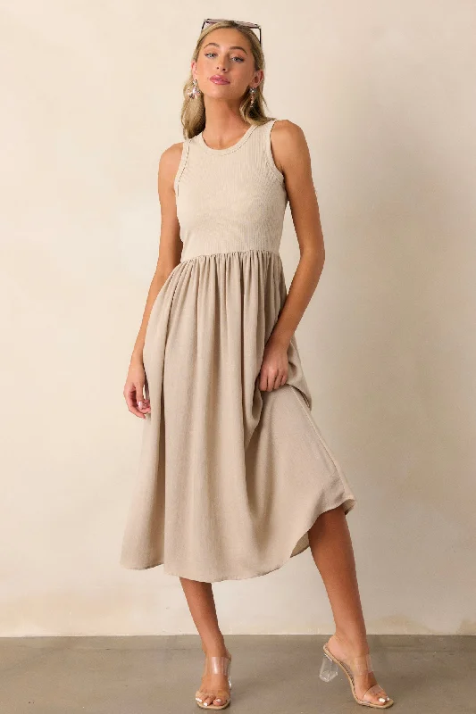 Find The Answer Tan Ribbed Midi Dress Trendy Off-Shoulder Button Midi Dress