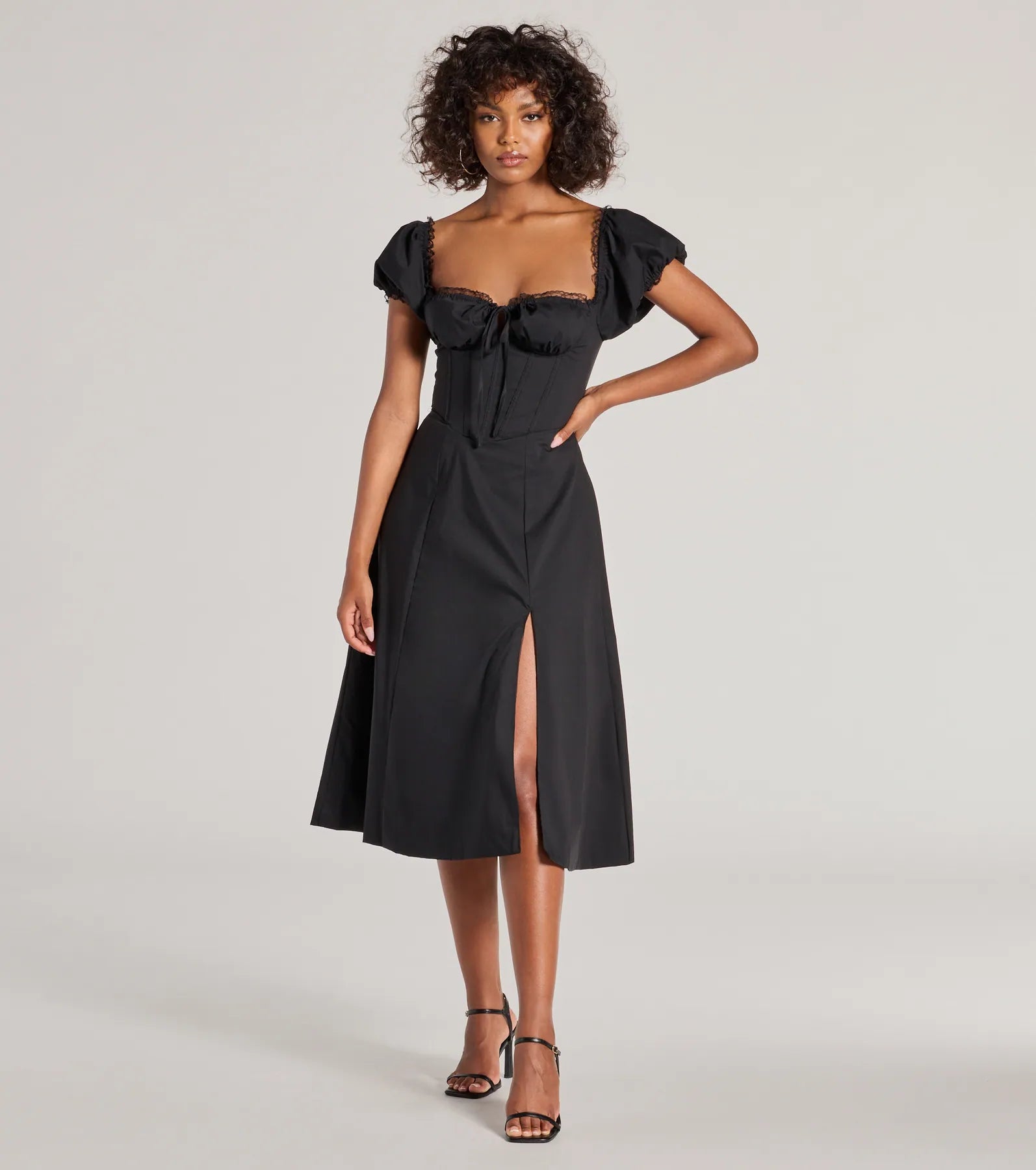 Flawless Puff Sleeve Corset Midi Dress Trendy Midi Dress with Belt