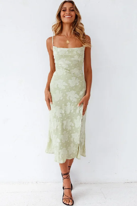 Floral Cowl Neck High Slit Slip Midi Dress - Sage Green Comfortable Knitwear Midi Dress