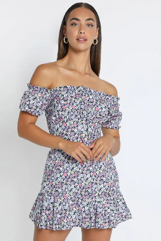 Floral Print Short Sleeve Tie Front Ruffle Mini Dress - Purple Stylish Floral Print Mini Dress