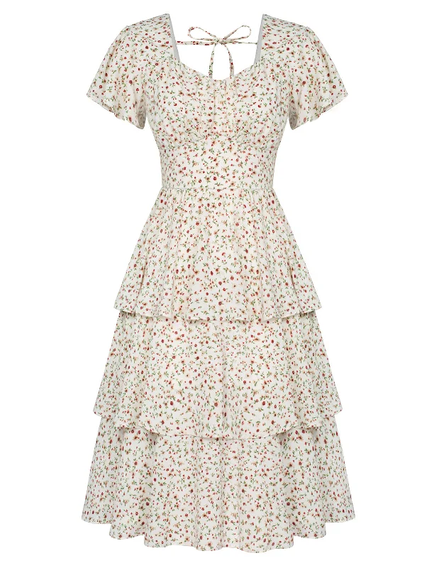 Floral Print Square Neck Tiered Ruffle Dress 2023 Summer Vintage A-line Swing Midi Dress Trendy Smocked Waist Midi Dress