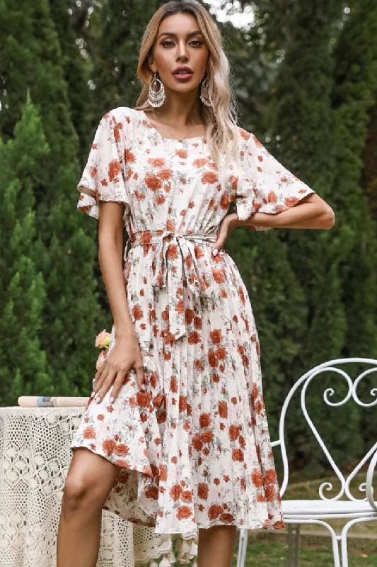 Flowy Round Neck Short Sleeve Pleated Floral Printed Midi Dress - White Stylish Satin Midi Dress