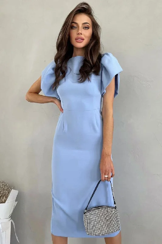 French Crew Neck Puff Sleeve Split Bodycon Cocktail Party Midi Dress - Blue Comfortable Casual Midi Dress