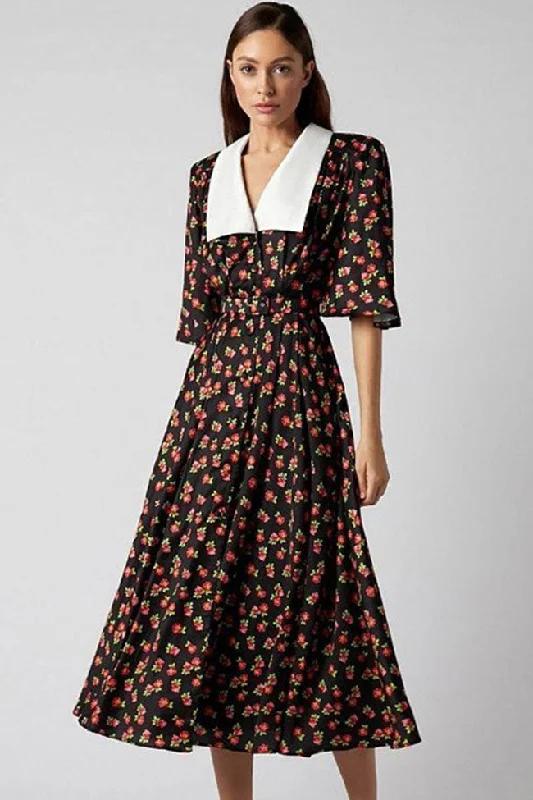 French Spread Collar Short Sleeve Button Down Floral Midi Dress - Black Stylish Color Block Midi Dress