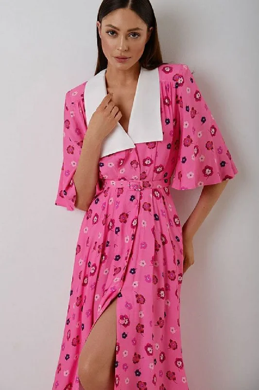 French Spread Collar Short Sleeve Button Down Floral Midi Dress - Pink Stylish Button-Down Midi Dress