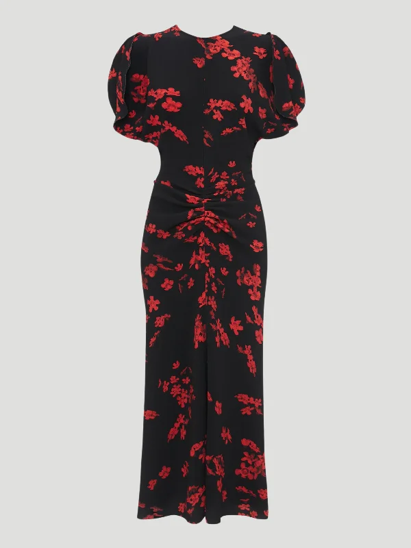 Gathered Waist Floral Midi Dress Fashionable Sheer Sleeve Midi Dress