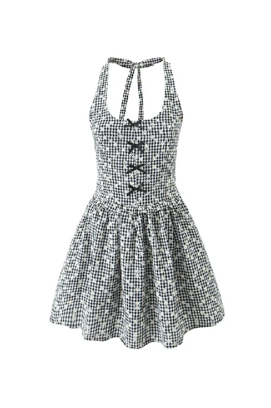 Girlish Bow Trim Floral Embroidered Gingham Print Smocked Halter Party Mini Dress Classic Shift Mini Dress