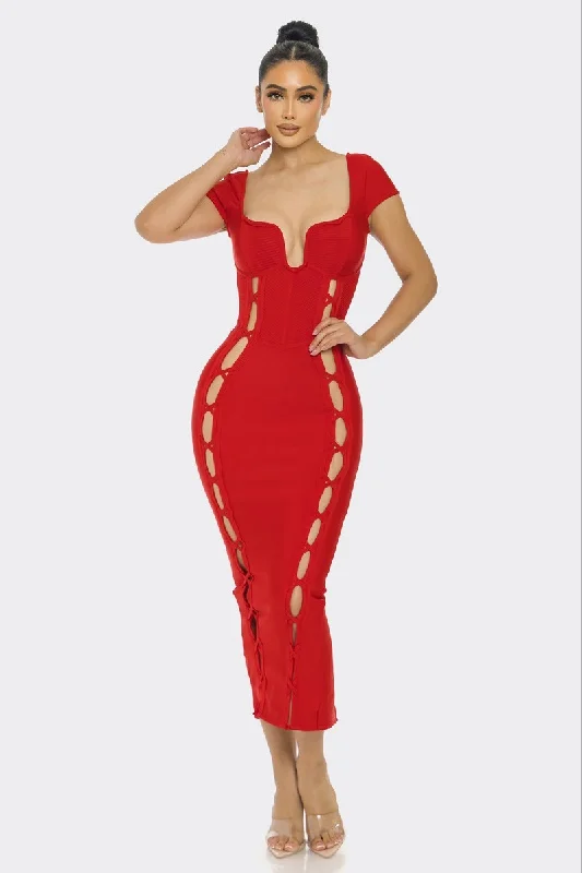 Girls Night Red Bandage Midi Dress Stylish High-Waisted Midi Dress