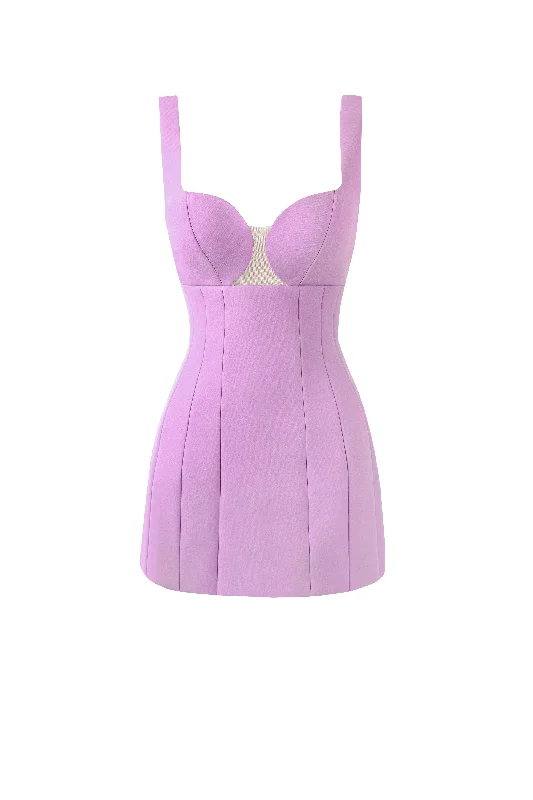 Glossy ultra mini dress in lavender with cutouts Fashionable Lace-Trim Mini Dress