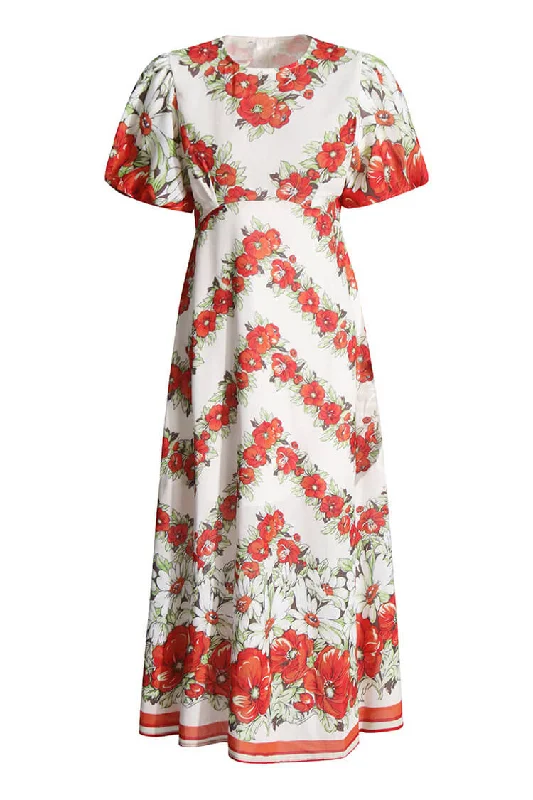 Graceful Balloon Sleeve Empire Waist Floral Print Beach Vacation Midi Dress Comfortable Draped Midi Dress