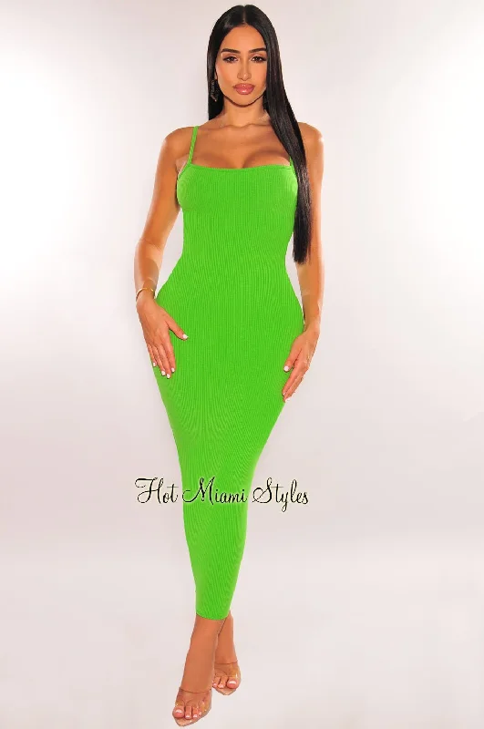 Green Ribbed Spaghetti Strap Cut Out Back Midi Dress Trendy Bodycon Midi Dress