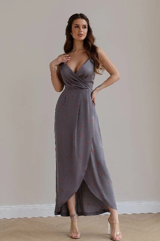 Grey Floral-Print Silk Slip Midi Dress Elegant Faux Wrap Midi Dress