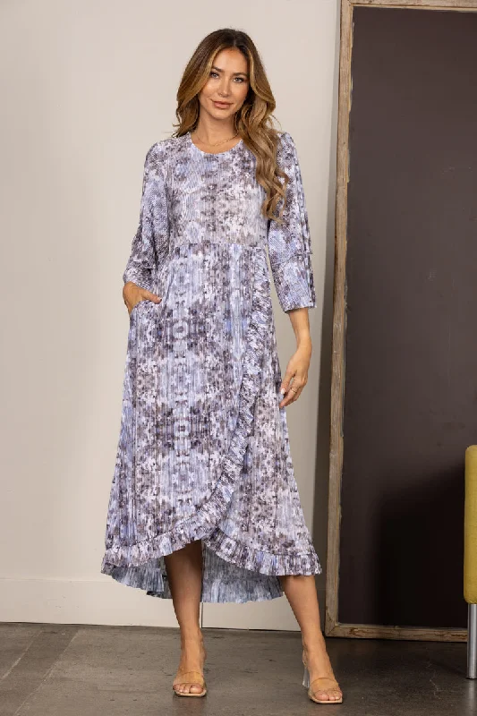 GREY PLEATED RUFFLED LONG SLEEVES MIDI DRESS VL5823A Elegant Floral Midi Dress